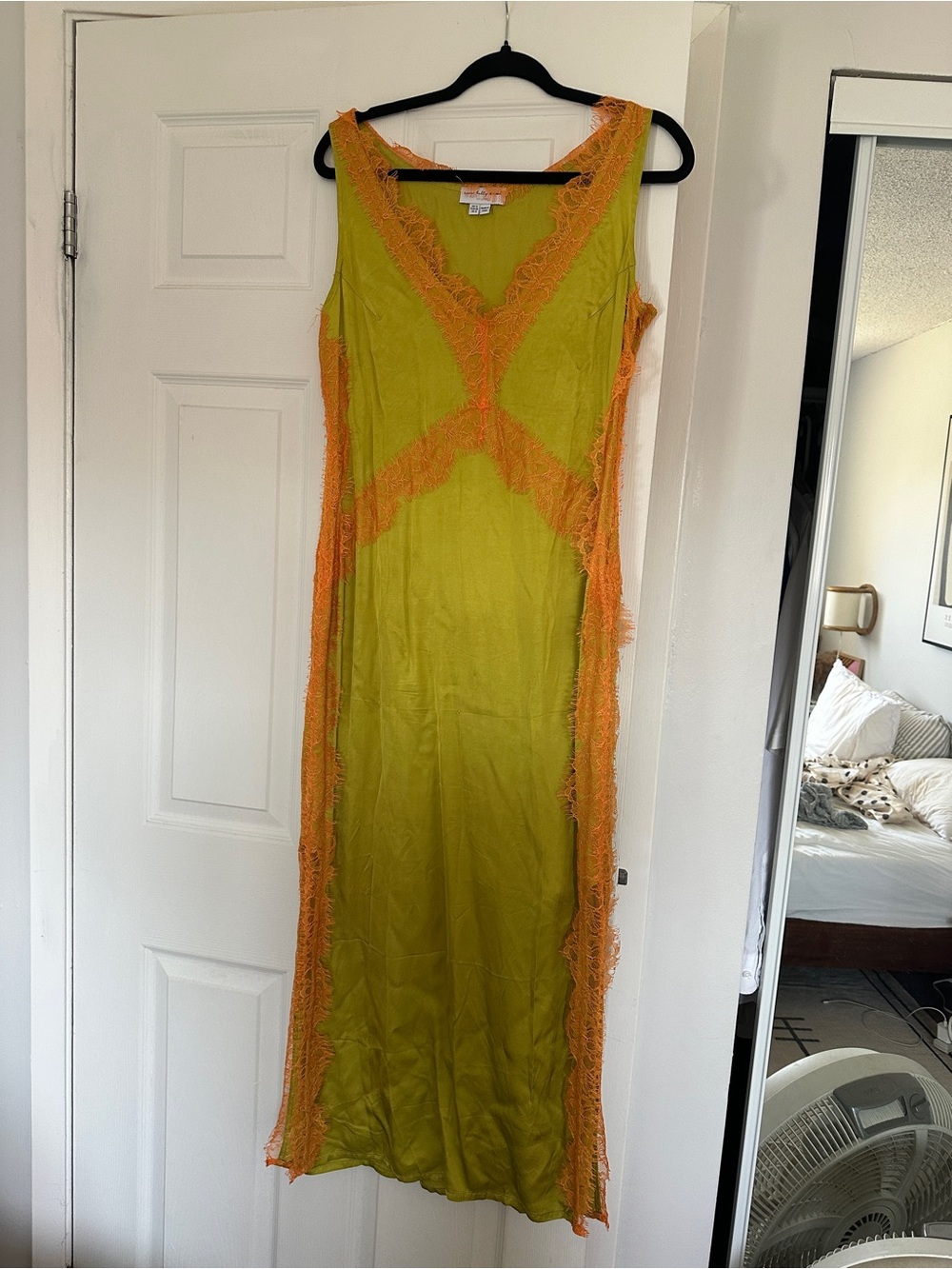 Never Fully Dressed Lime Green Maxi Slip Dress with Orange Lace Trim